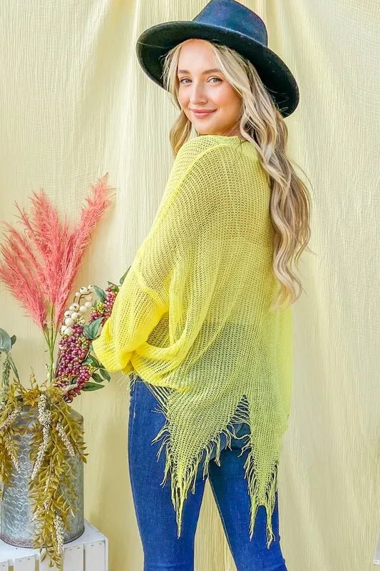 And the Why - Distressed Fringe Knit Sweater in Neon Yellow