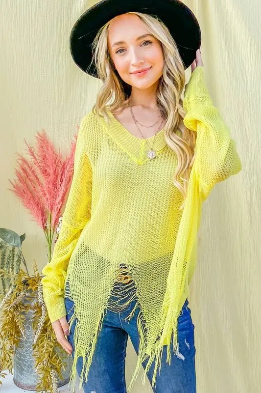 And the Why - Distressed Fringe Knit Sweater in Neon Yellow