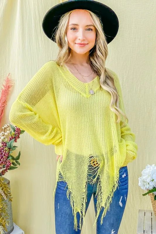 And the Why - Distressed Fringe Knit Sweater in Neon Yellow