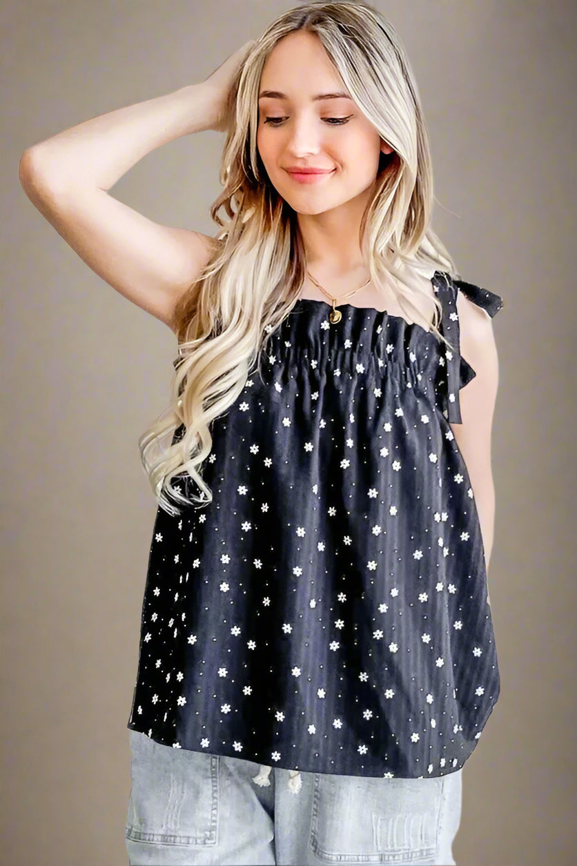 And the Why - Ditsy Floral Tie Strap Ruffle Top – Black