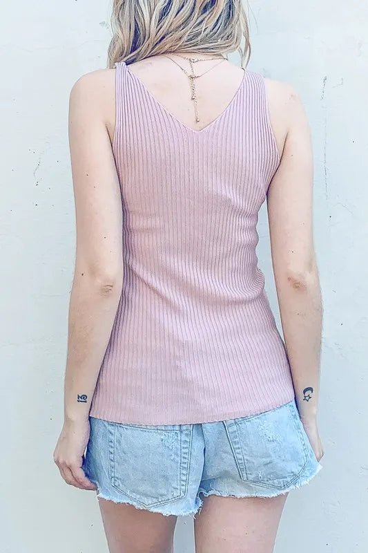 And the Why - Dusty Rose Ribbed V - Neck Tank Top