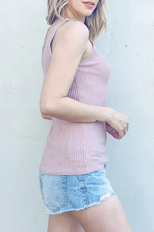 And the Why - Dusty Rose Ribbed V - Neck Tank Top