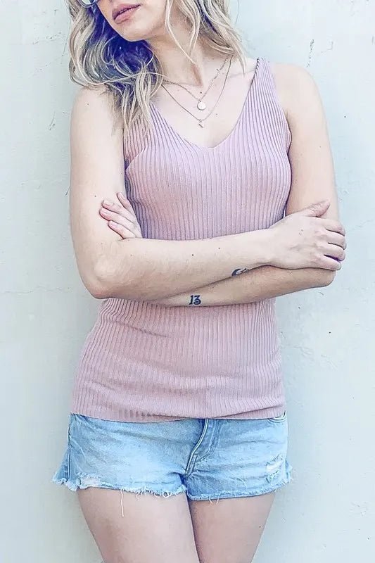 And the Why - Dusty Rose Ribbed V - Neck Tank Top