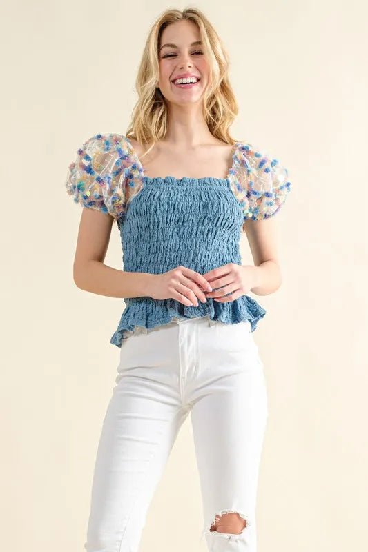 And the Why - Dusty Slate Blue Smocked Top with Embroidered Mesh Puff Sleeves