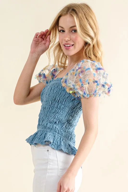 And the Why - Dusty Slate Blue Smocked Top with Embroidered Mesh Puff Sleeves