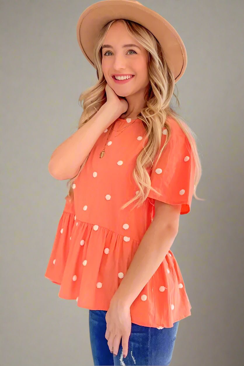 And the Why - Embroidered Dot Peplum Top – Tangerine Coral