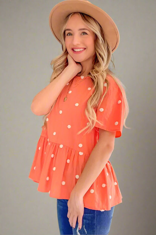 And the Why - Embroidered Dot Peplum Top – Tangerine Coral