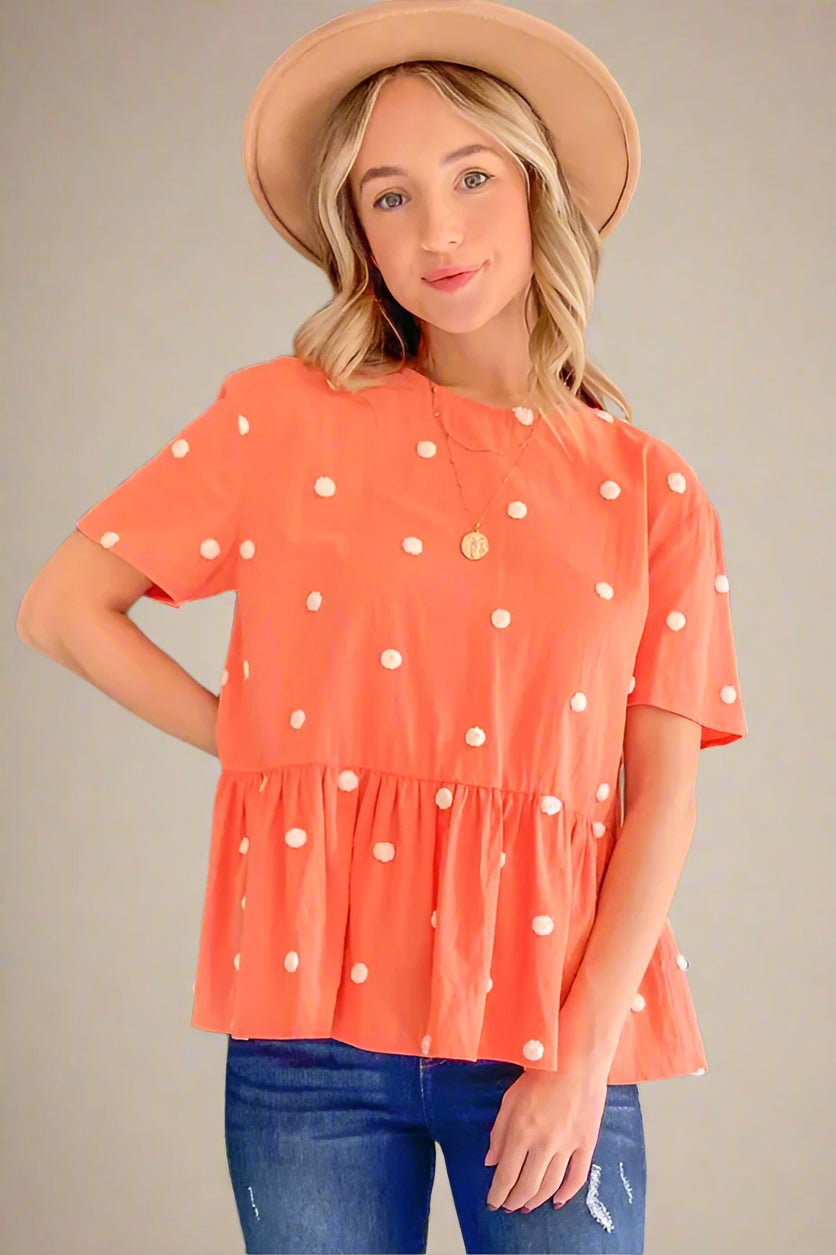 And the Why - Embroidered Dot Peplum Top – Tangerine Coral