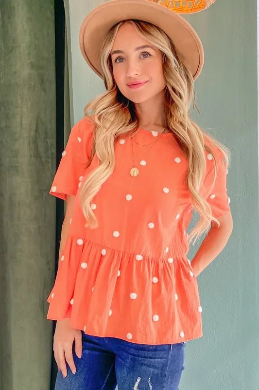 And the Why - Embroidered Dot Peplum Top – Tangerine Coral
