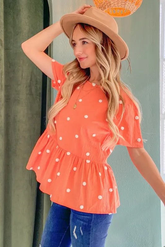 And the Why - Embroidered Dot Peplum Top – Tangerine Coral