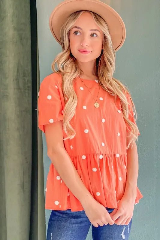 And the Why - Embroidered Dot Peplum Top – Tangerine Coral