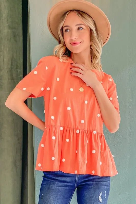 And the Why - Embroidered Dot Peplum Top – Tangerine Coral