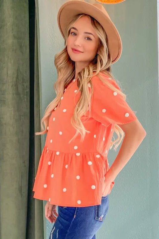 And the Why - Embroidered Dot Peplum Top – Tangerine Coral