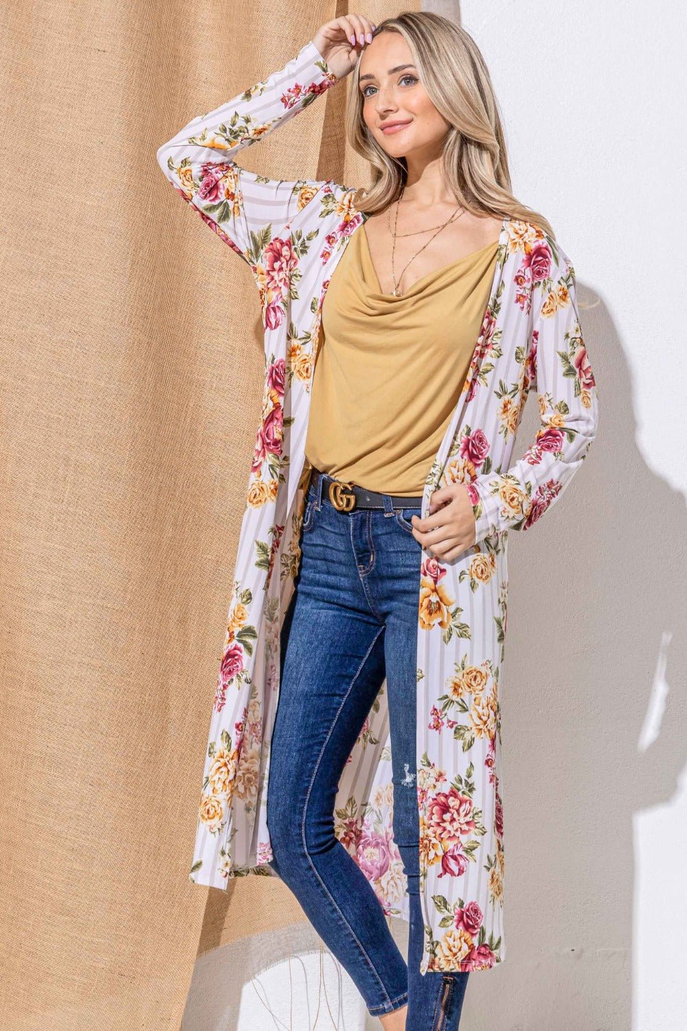 And the Why - Floral Open Front Longline Cardigan Kimono in Burgundy Stripe