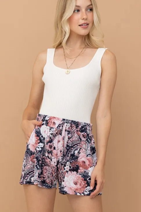 And the Why - Floral Paisley Print Shorts in Navy & Pink