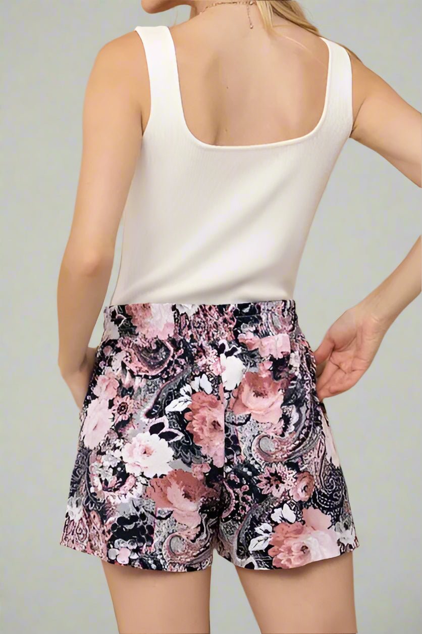 And the Why - Floral Paisley Print Shorts in Navy & Pink