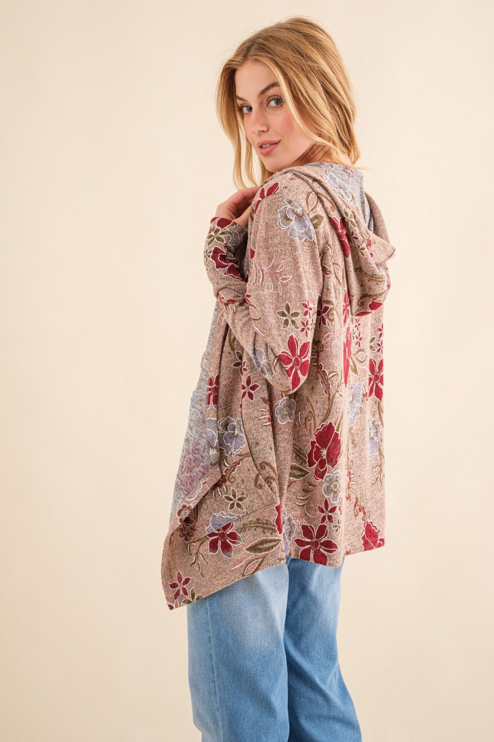 And the Why - Floral Print Thermal Hooded Open Front Cardigan in Blush