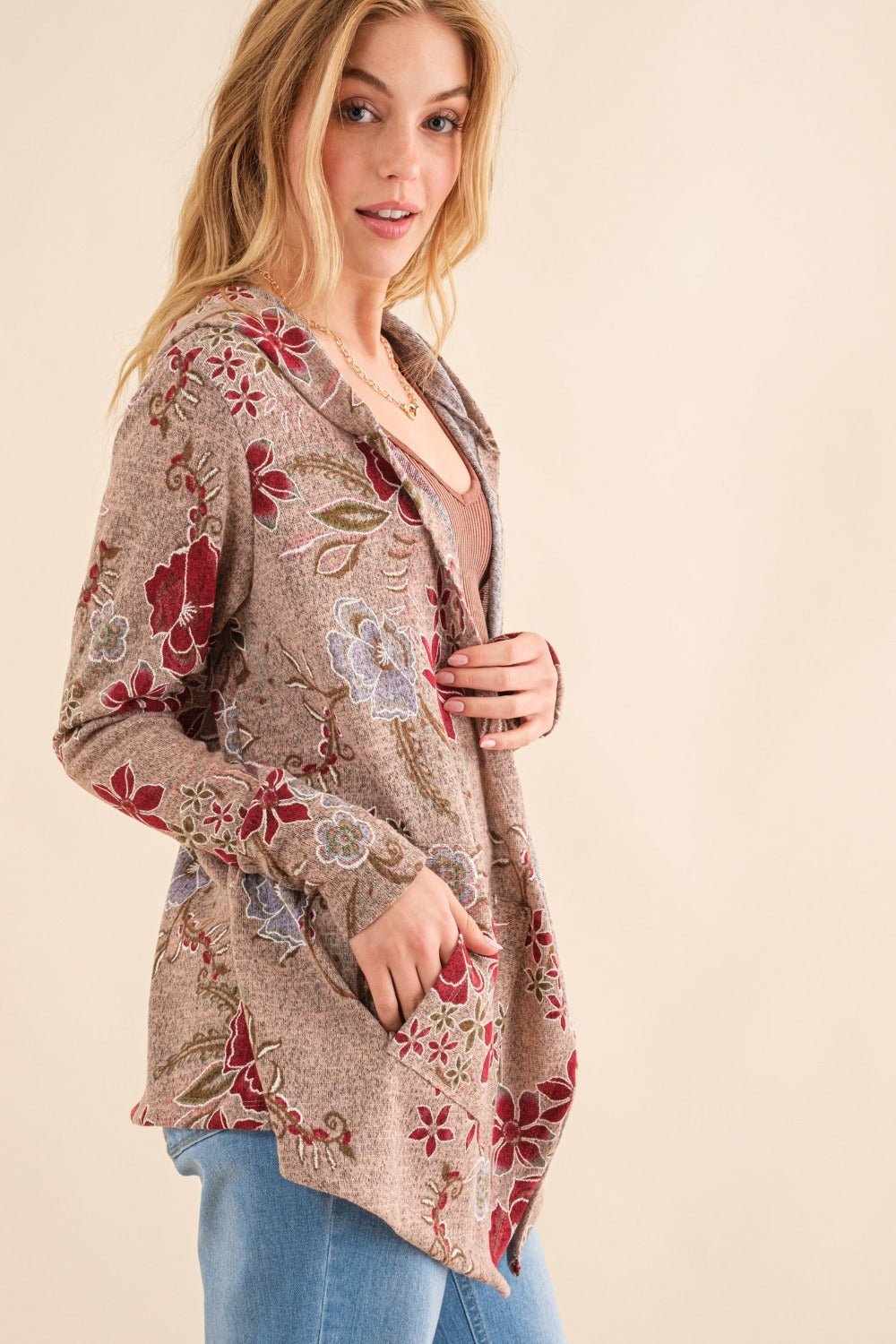 And the Why - Floral Print Thermal Hooded Open Front Cardigan in Blush