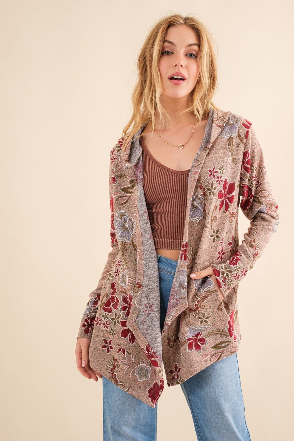 And the Why - Floral Print Thermal Hooded Open Front Cardigan in Blush