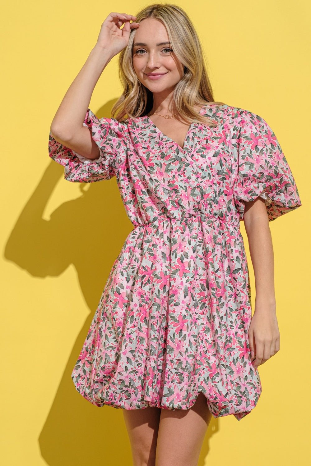 And the Why - Floral Surplice Puff Sleeve Dress in Pink Multi