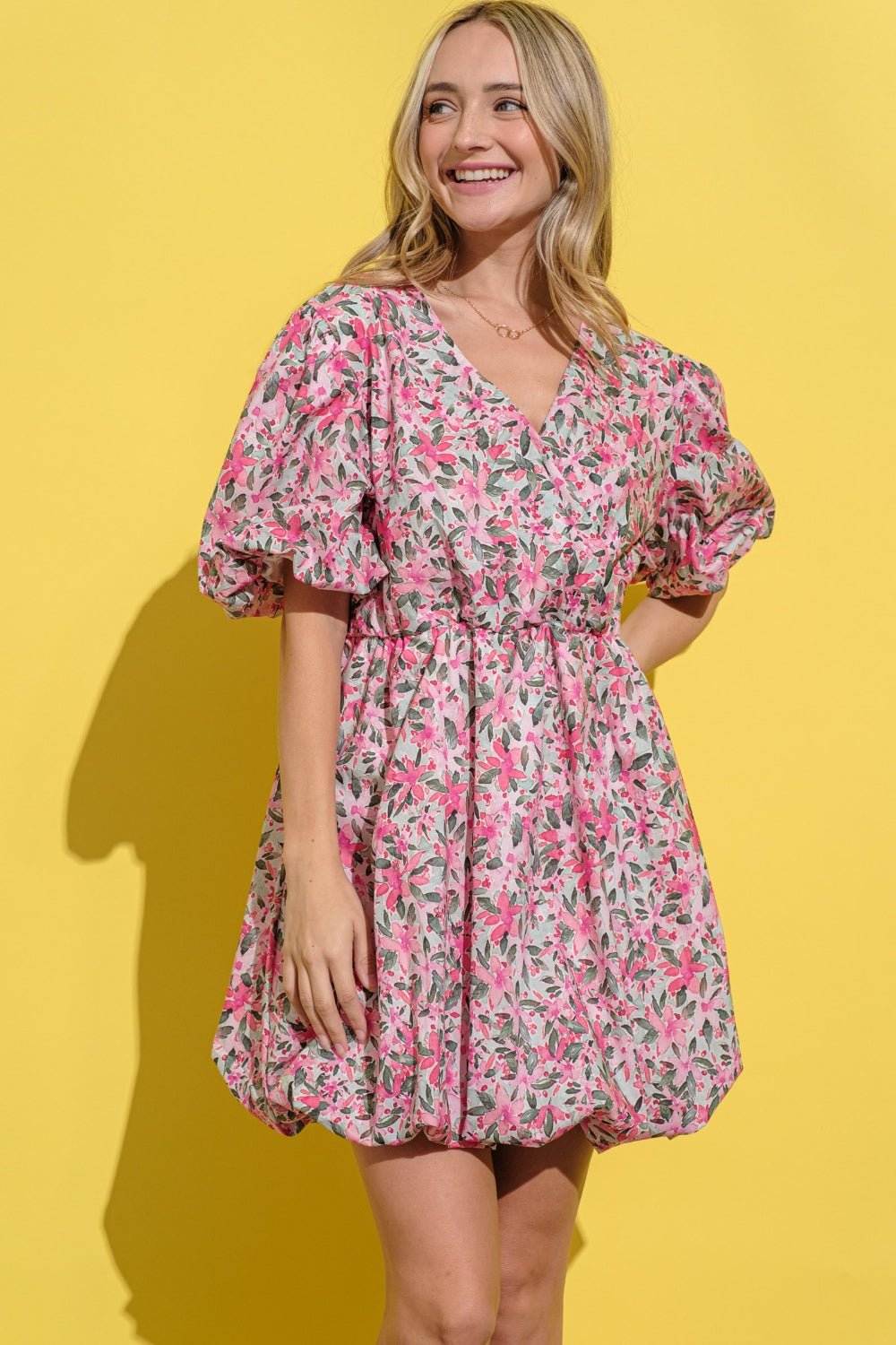 And the Why - Floral Surplice Puff Sleeve Dress in Pink Multi