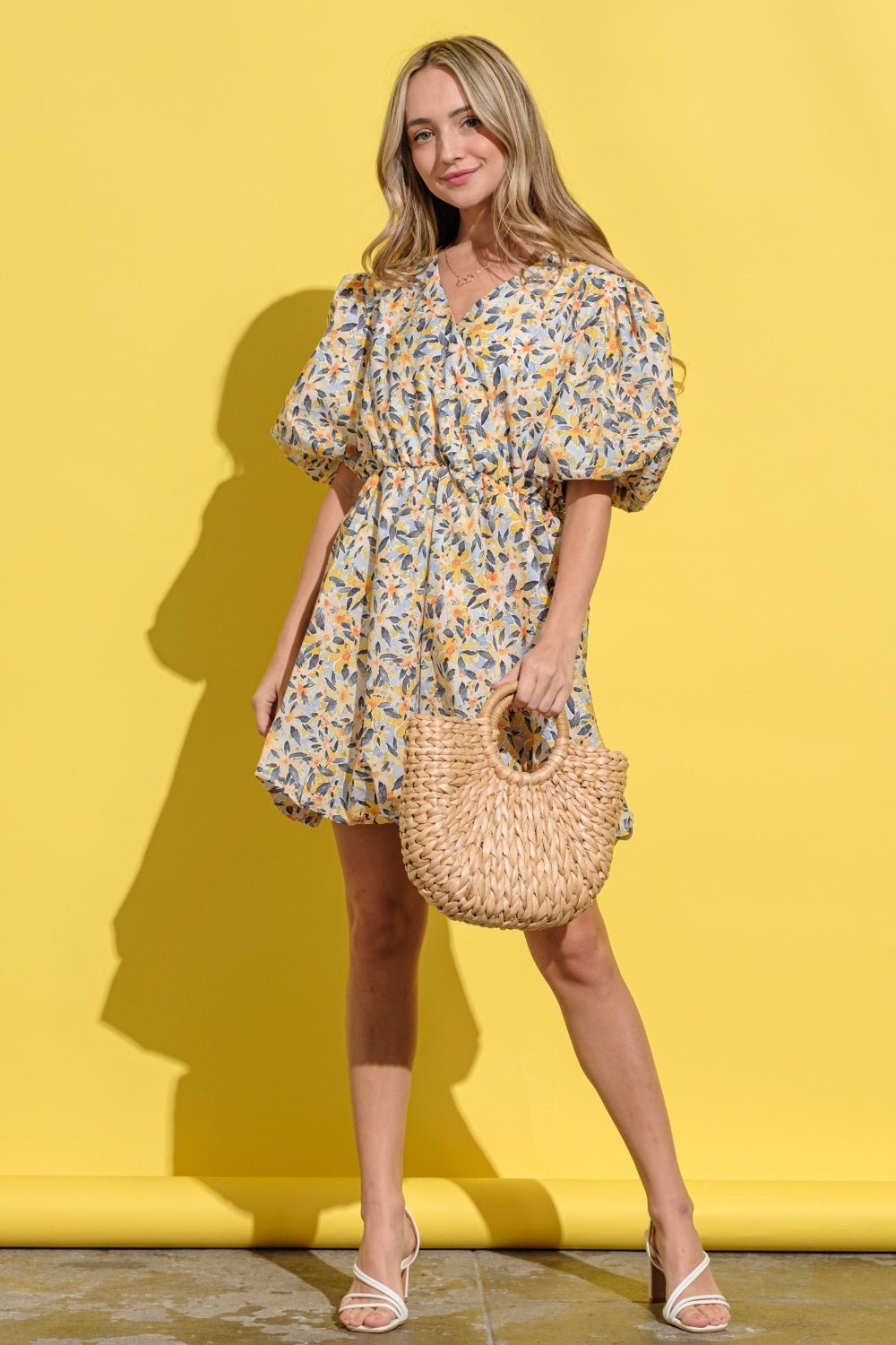 And the Why - Floral Surplice Puff Sleeve Mini Dress in Yellow Multi