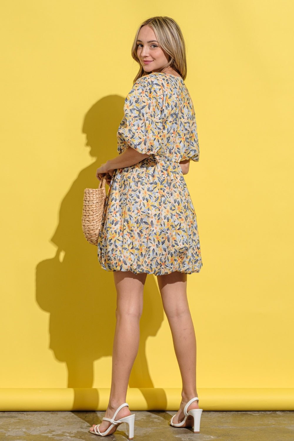 And the Why - Floral Surplice Puff Sleeve Mini Dress in Yellow Multi