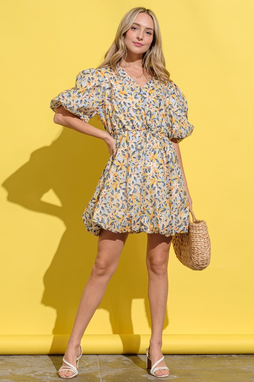 And the Why - Floral Surplice Puff Sleeve Mini Dress in Yellow Multi