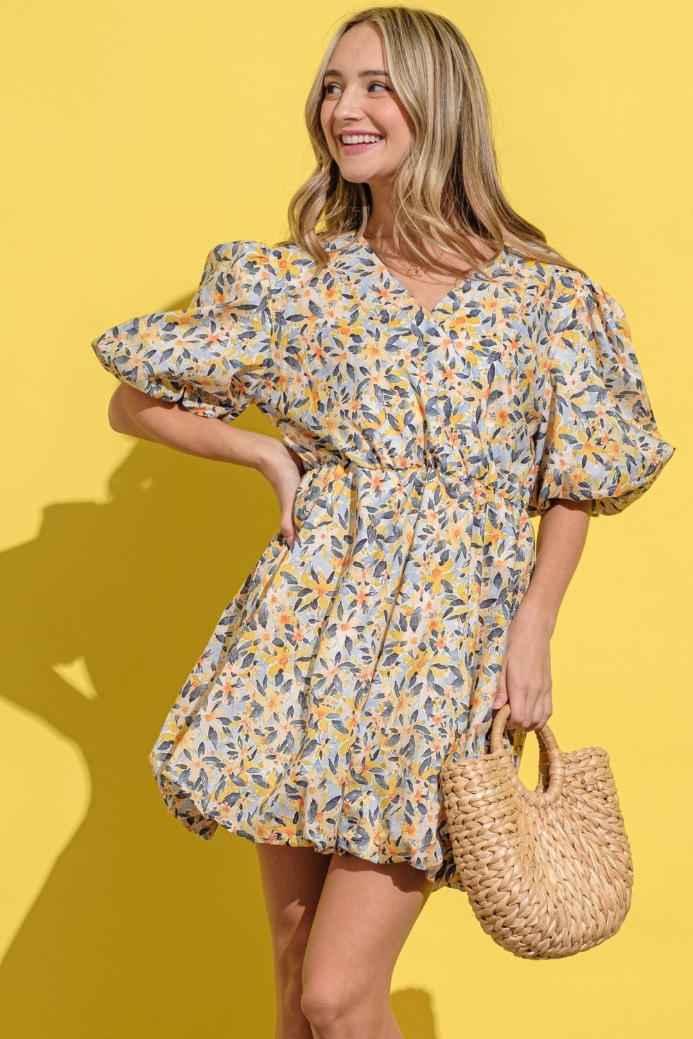 And the Why - Floral Surplice Puff Sleeve Mini Dress in Yellow Multi