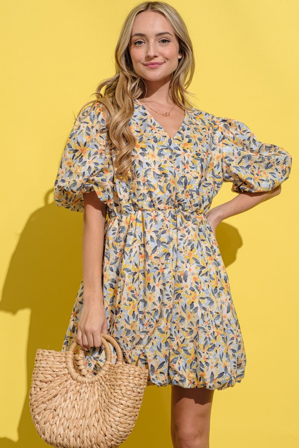 And the Why - Floral Surplice Puff Sleeve Mini Dress in Yellow Multi