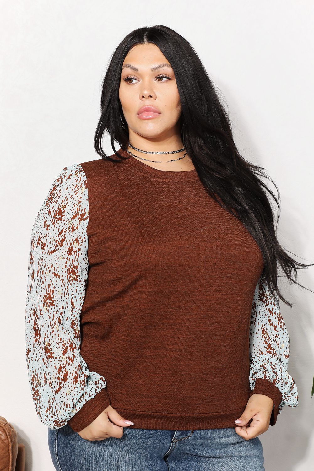 And the Why - Foil Printed Long Sleeve Top in Brown