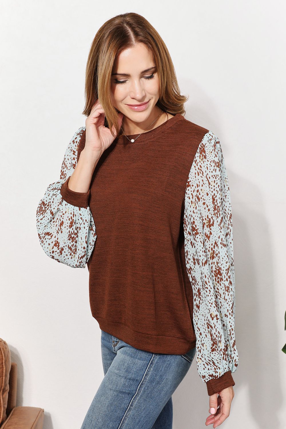 And the Why - Foil Printed Long Sleeve Top in Brown