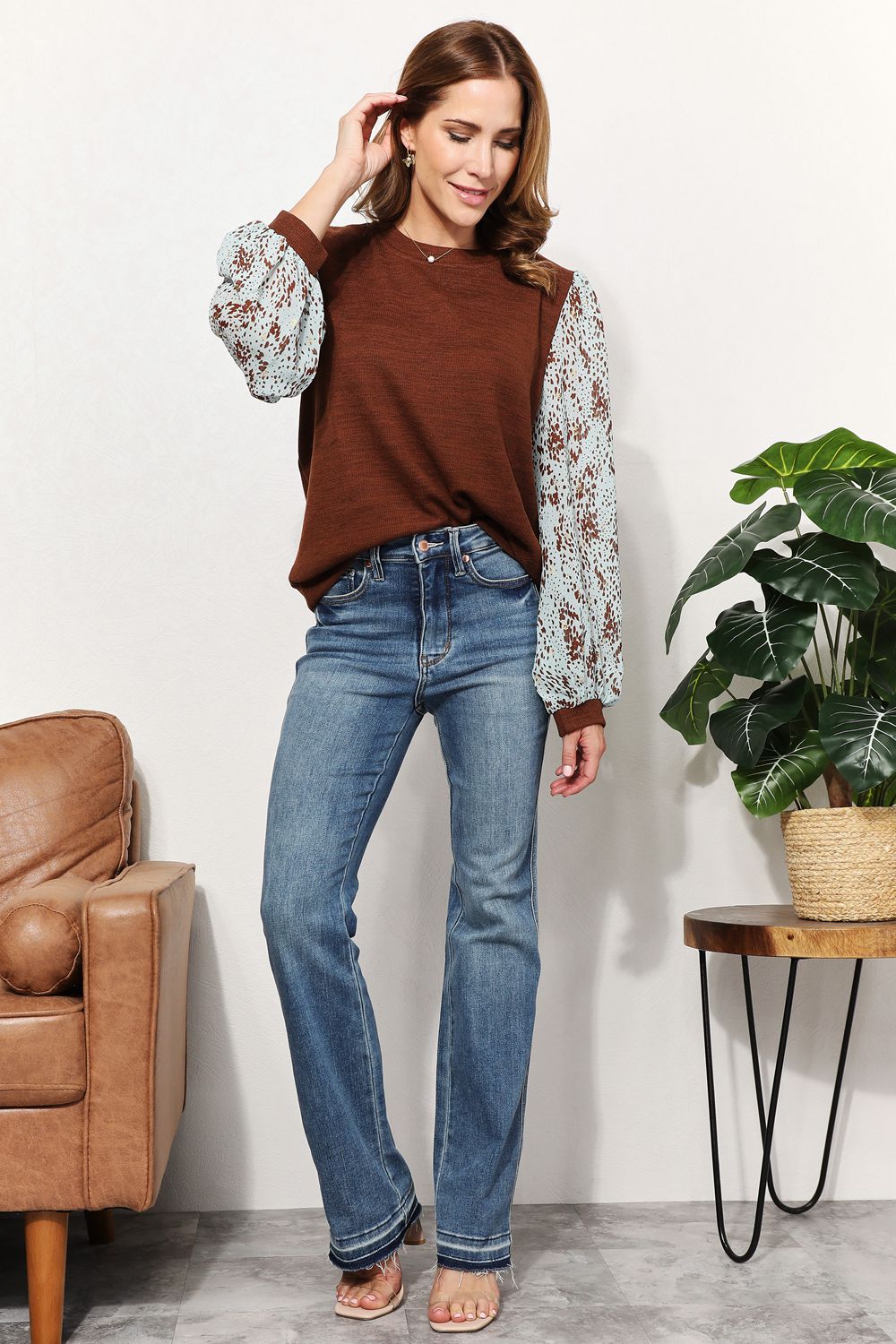 And the Why - Foil Printed Long Sleeve Top in Brown