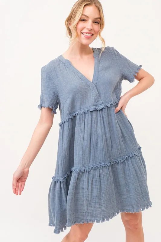 And the Why - Frayed Tiered Gauze Mini Dress in Dusty Blue