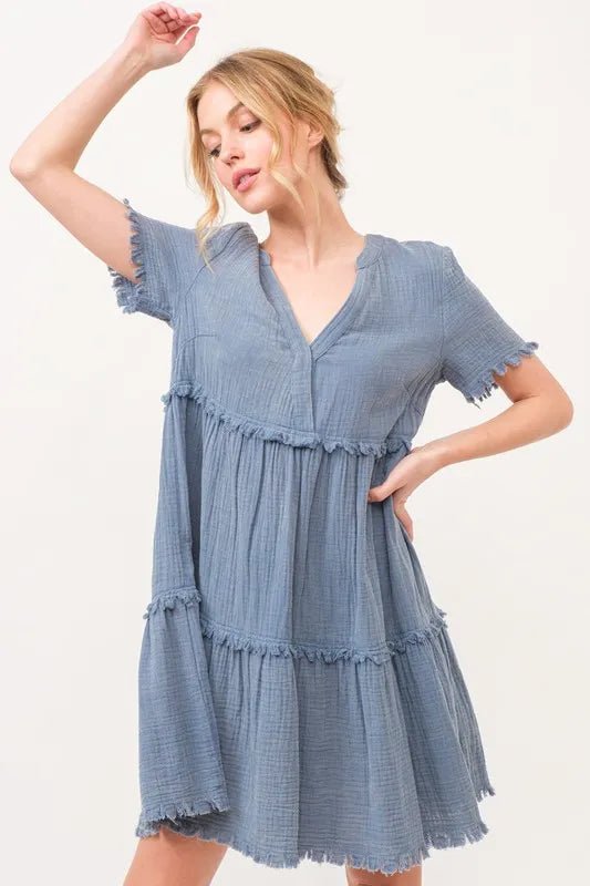 And the Why - Frayed Tiered Gauze Mini Dress in Dusty Blue