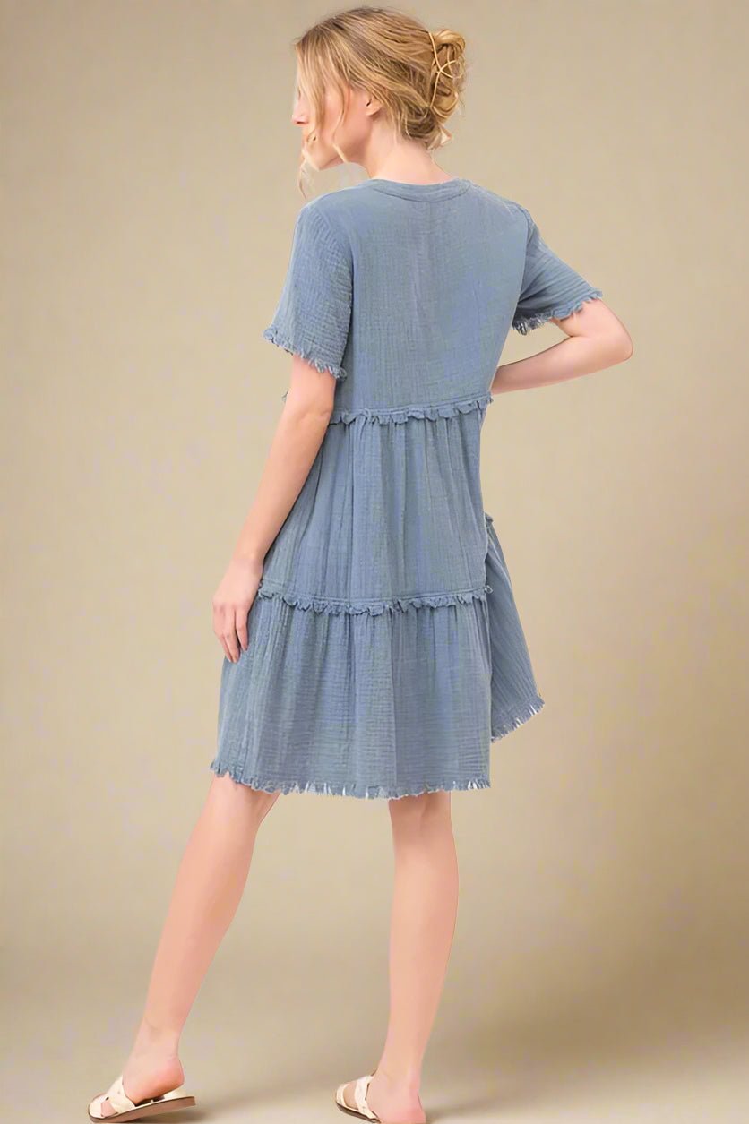 And the Why - Frayed Tiered Gauze Mini Dress in Dusty Blue