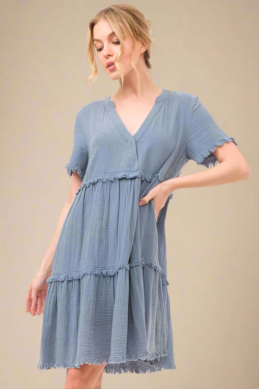 And the Why - Frayed Tiered Gauze Mini Dress in Dusty Blue