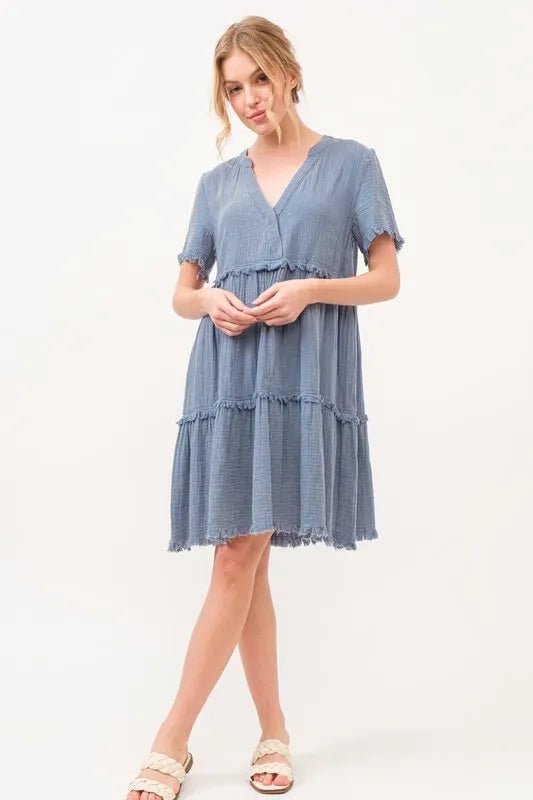 And the Why - Frayed Tiered Gauze Mini Dress in Dusty Blue