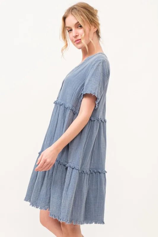 And the Why - Frayed Tiered Gauze Mini Dress in Dusty Blue