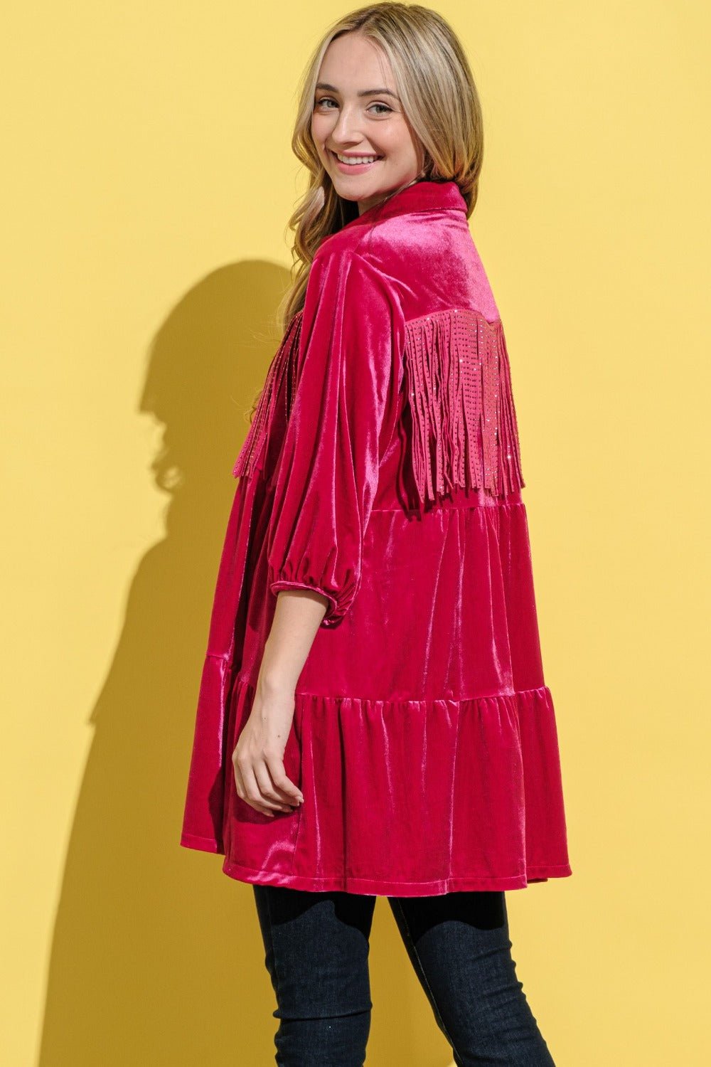 And the Why - Fringe Detail Velvet Mini Shirt Dress in Magenta