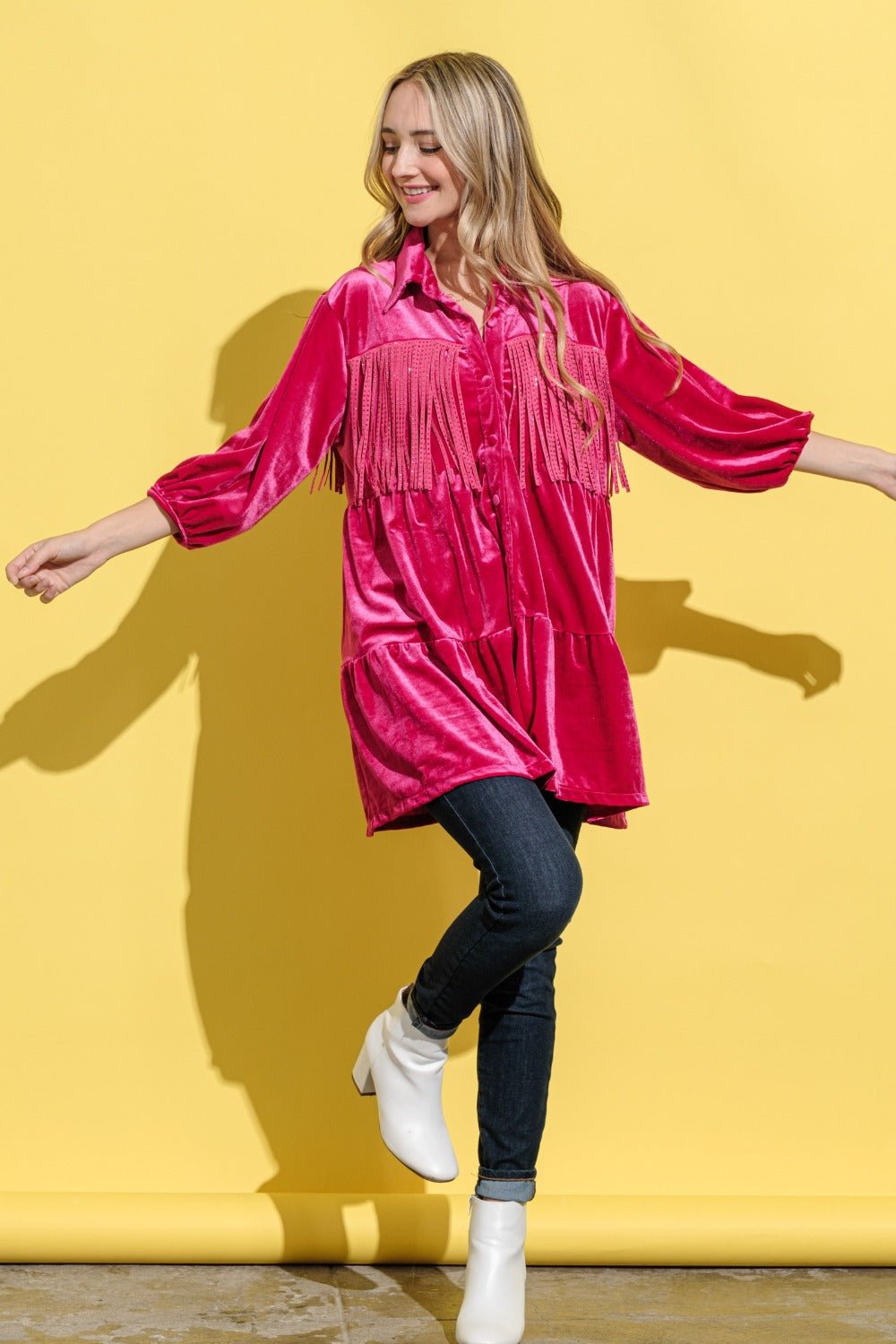 And the Why - Fringe Detail Velvet Mini Shirt Dress in Magenta