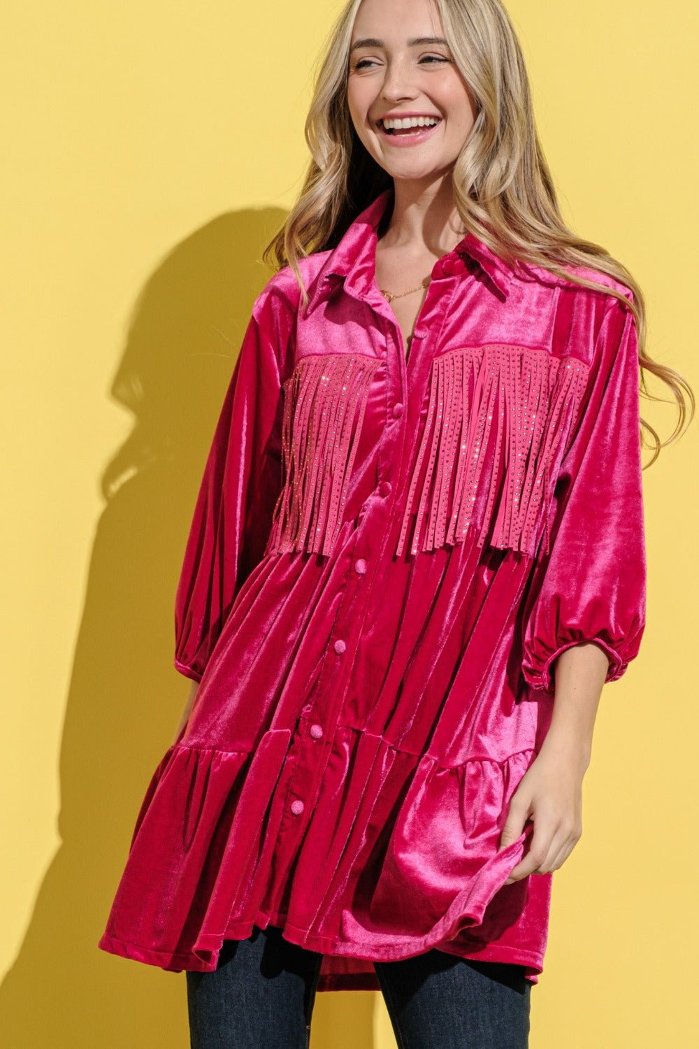 And the Why - Fringe Detail Velvet Mini Shirt Dress in Magenta