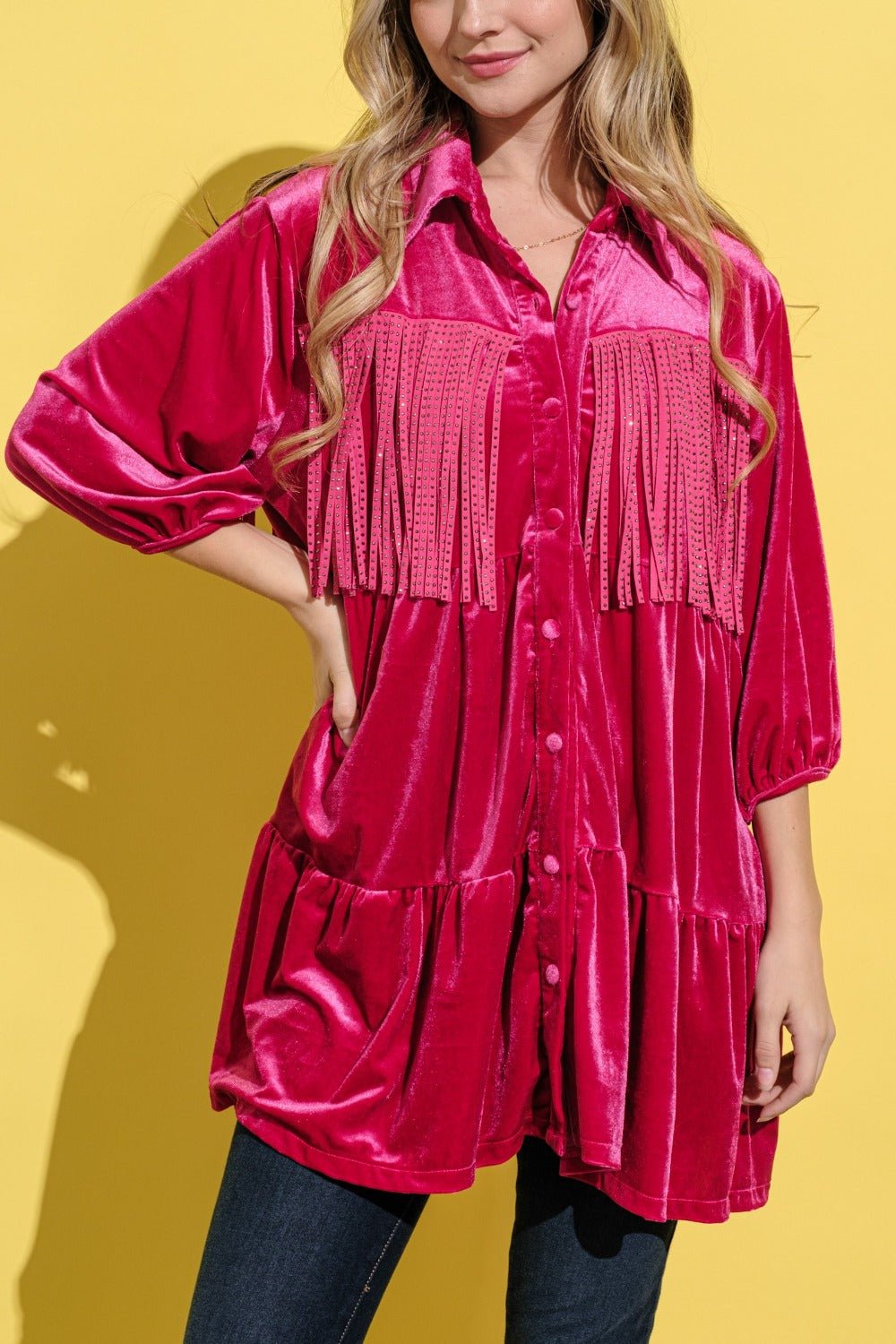 And the Why - Fringe Detail Velvet Mini Shirt Dress in Magenta