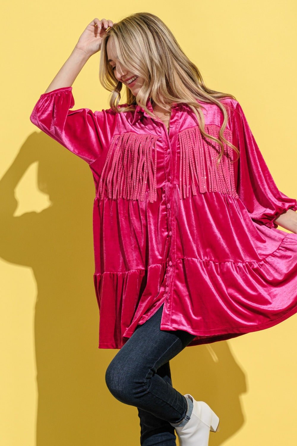 And the Why - Fringe Detail Velvet Mini Shirt Dress in Magenta