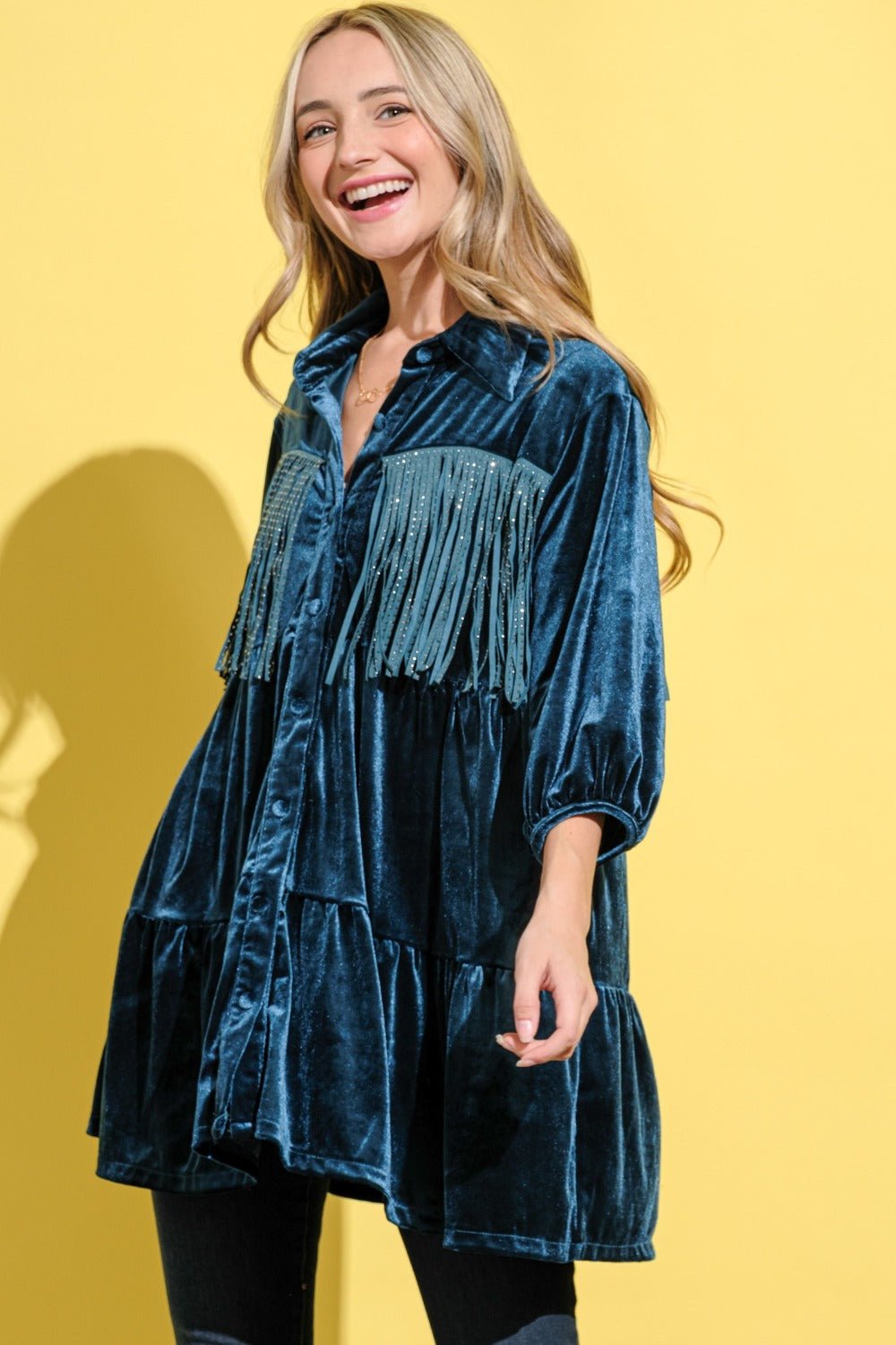 And the Why - Fringe Detail Velvet Mini Shirt Dress in Teal