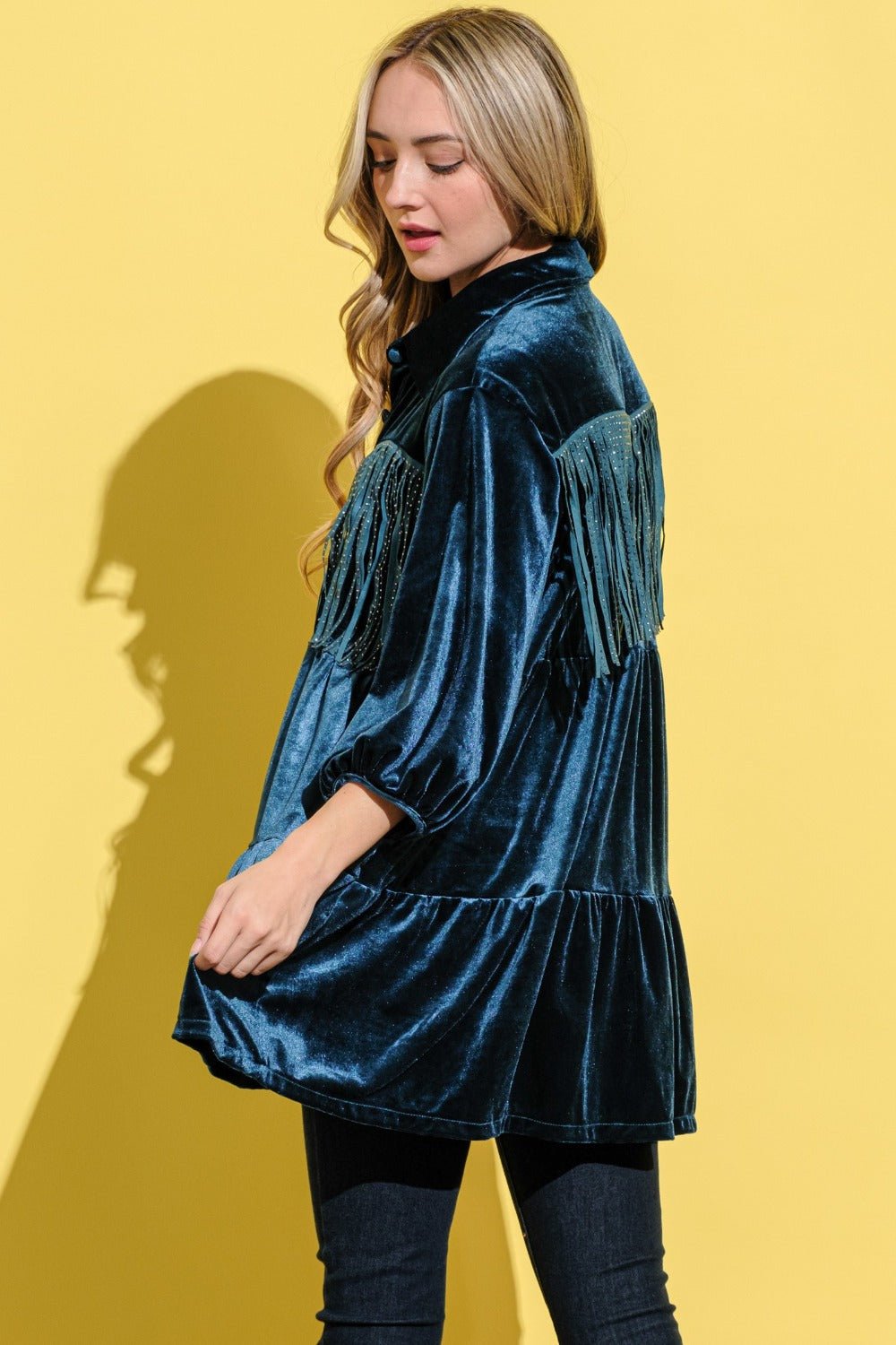 And the Why - Fringe Detail Velvet Mini Shirt Dress in Teal