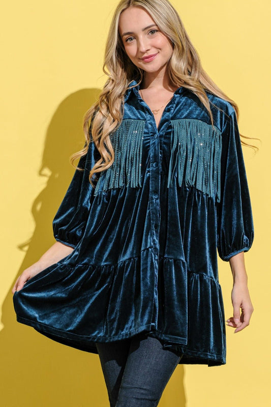 And the Why - Fringe Detail Velvet Mini Shirt Dress in Teal