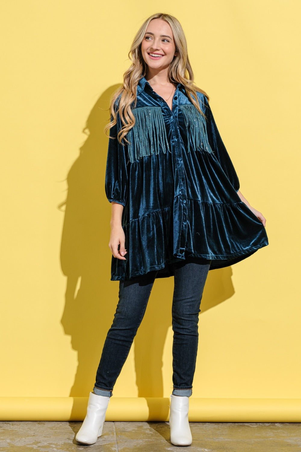 And the Why - Fringe Detail Velvet Mini Shirt Dress in Teal