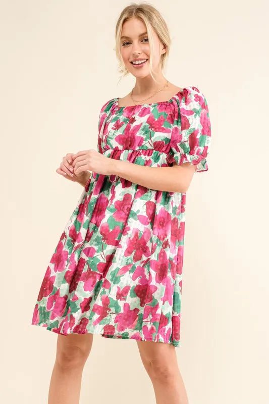 And the Why - Fuchsia Floral Puff Sleeve Babydoll Mini Dress