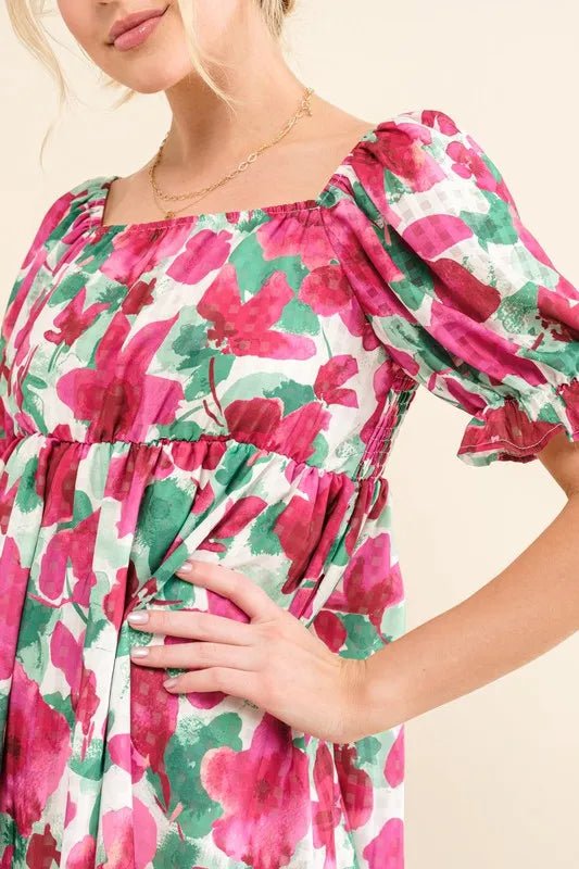 And the Why - Fuchsia Floral Puff Sleeve Babydoll Mini Dress